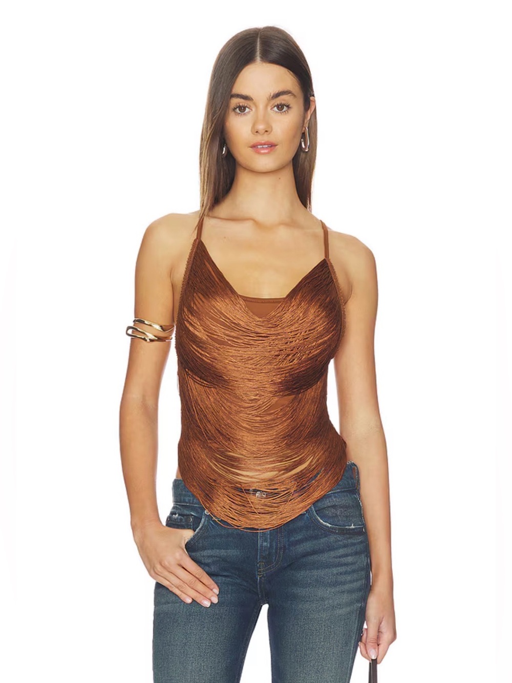 Superdown Revolve Katalia Brown Draped Fringed Halter Crop Top Size Large NWT